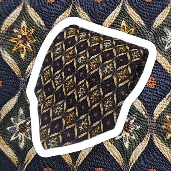 Lands End Geometric Silk Tie Floral Foulard Navy Green Designer USA 56.5" - Picture 1 of 5